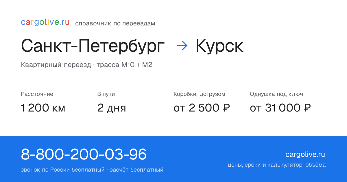 Переезд из Санкт-Петербурга в Курск: 1 200 км, 2 дня в пути, от 2 500 ₽
