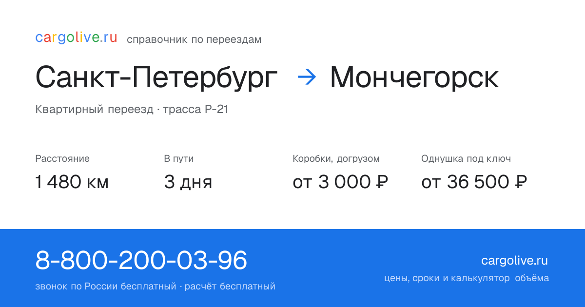 Переезд из Санкт-Петербурга в Мончегорск: 1 480 км, 3 дня в пути, от 3 000 ₽