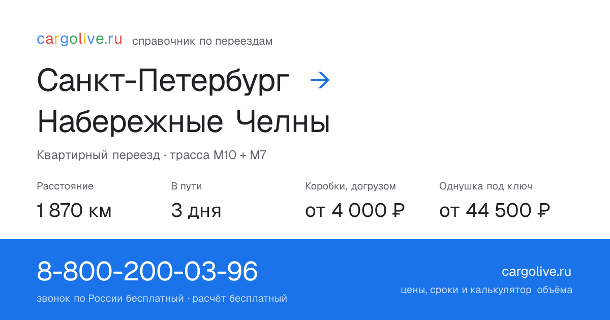 Переезд из Санкт-Петербурга в Набережные Челны: 1 870 км, 3 дня в пути, от 4 000 ₽