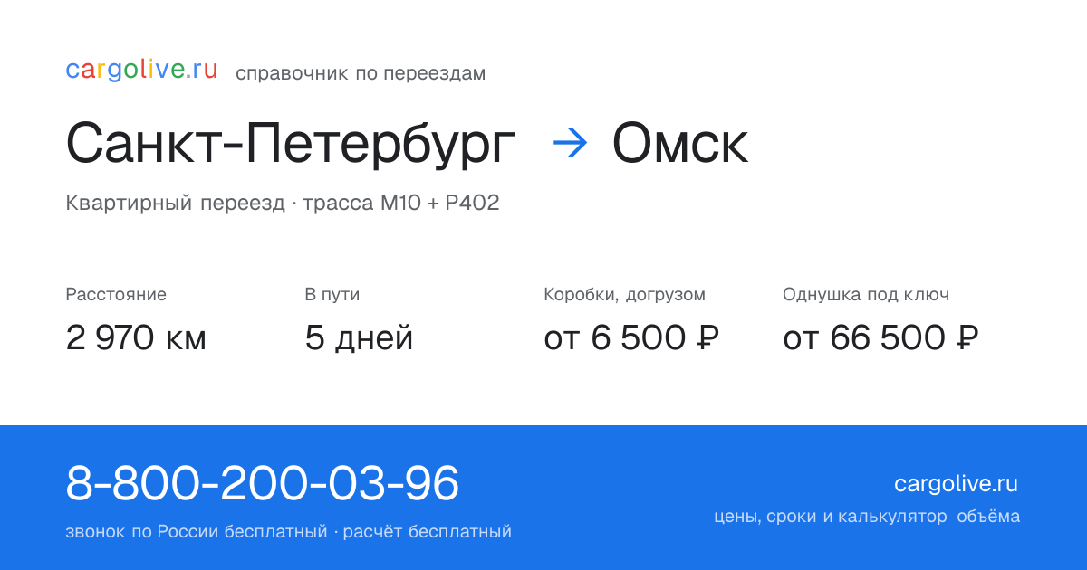 Переезд из Санкт-Петербурга в Омск: 2 970 км, 5 дней в пути, от 6 500 ₽