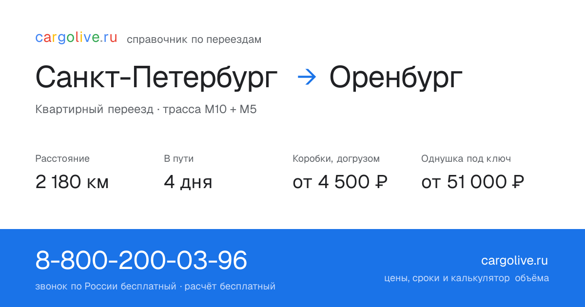 Переезд из Санкт-Петербурга в Оренбург: 2 180 км, 4 дня в пути, от 4 500 ₽