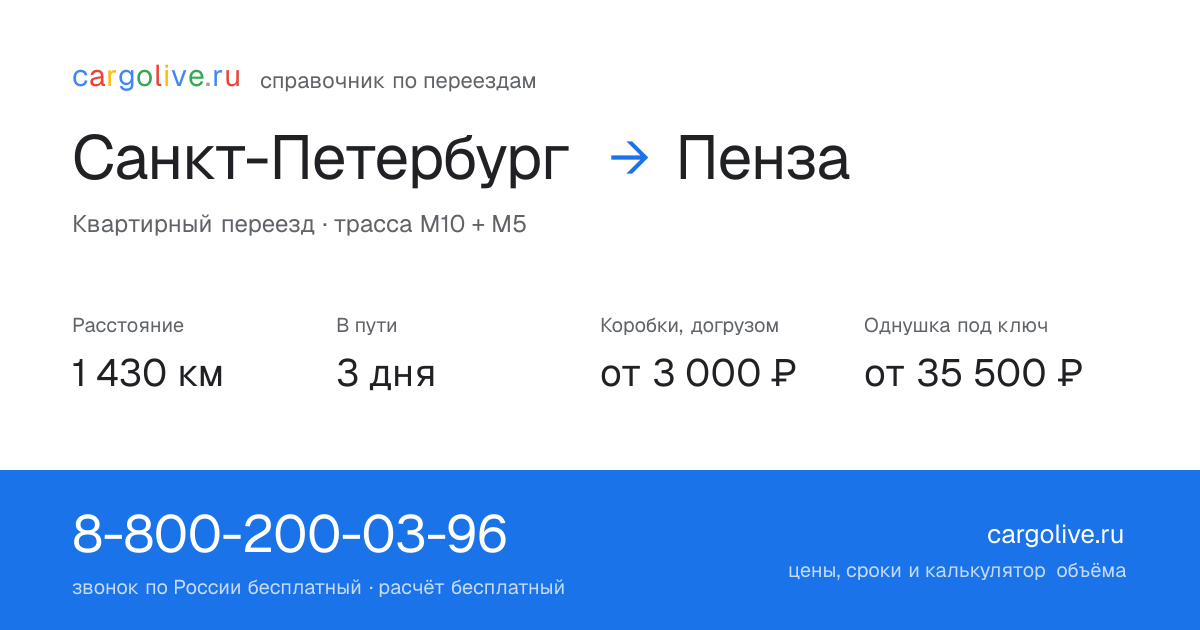 Переезд из Санкт-Петербурга в Пензу: 1 430 км, 3 дня в пути, от 3 000 ₽