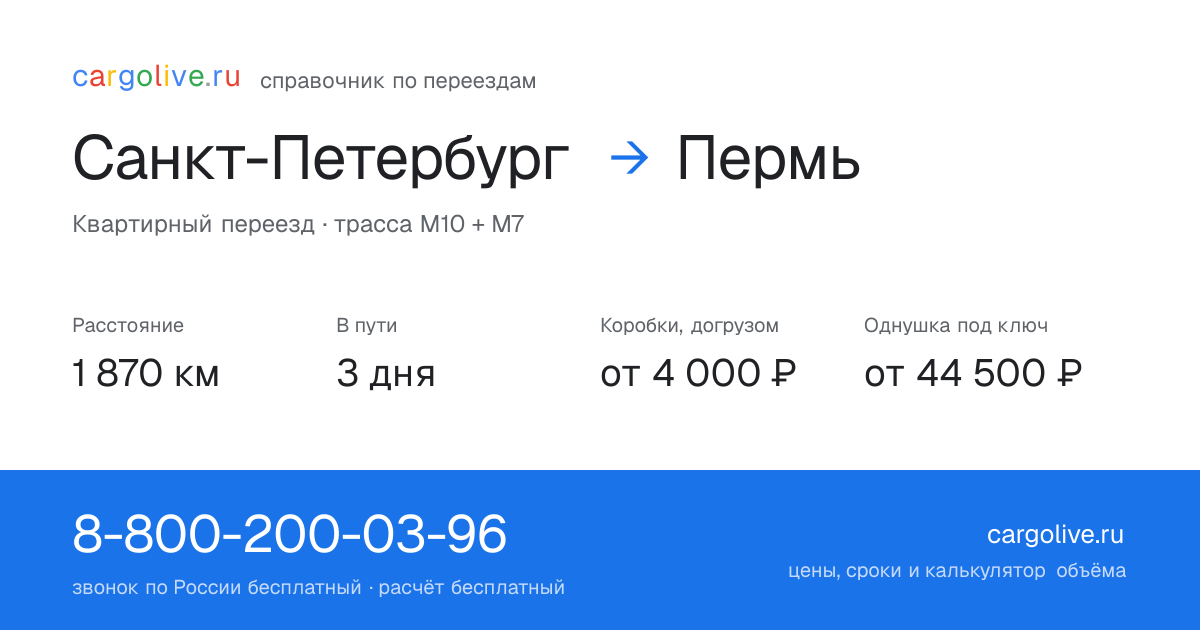 Переезд из Санкт-Петербурга в Пермь: 1 870 км, 3 дня в пути, от 4 000 ₽