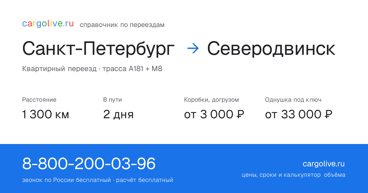 Переезд из Санкт-Петербурга в Северодвинск: 1 300 км, 2 дня в пути, от 3 000 ₽