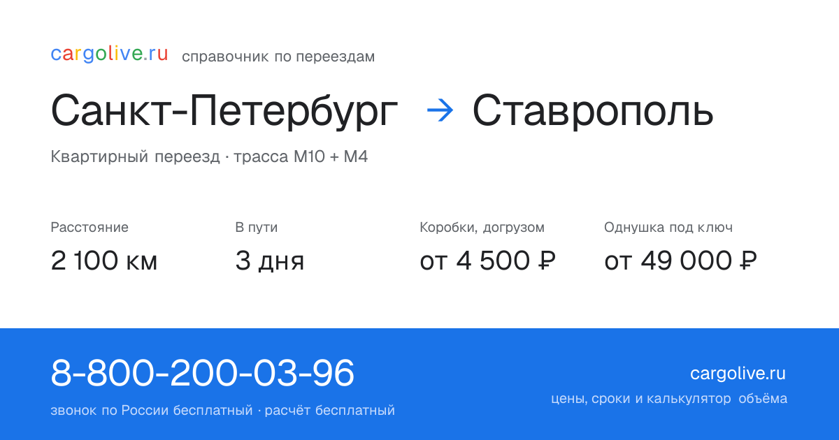 Переезд из Санкт-Петербурга в Ставрополь: 2 100 км, 3 дня в пути, от 4 500 ₽