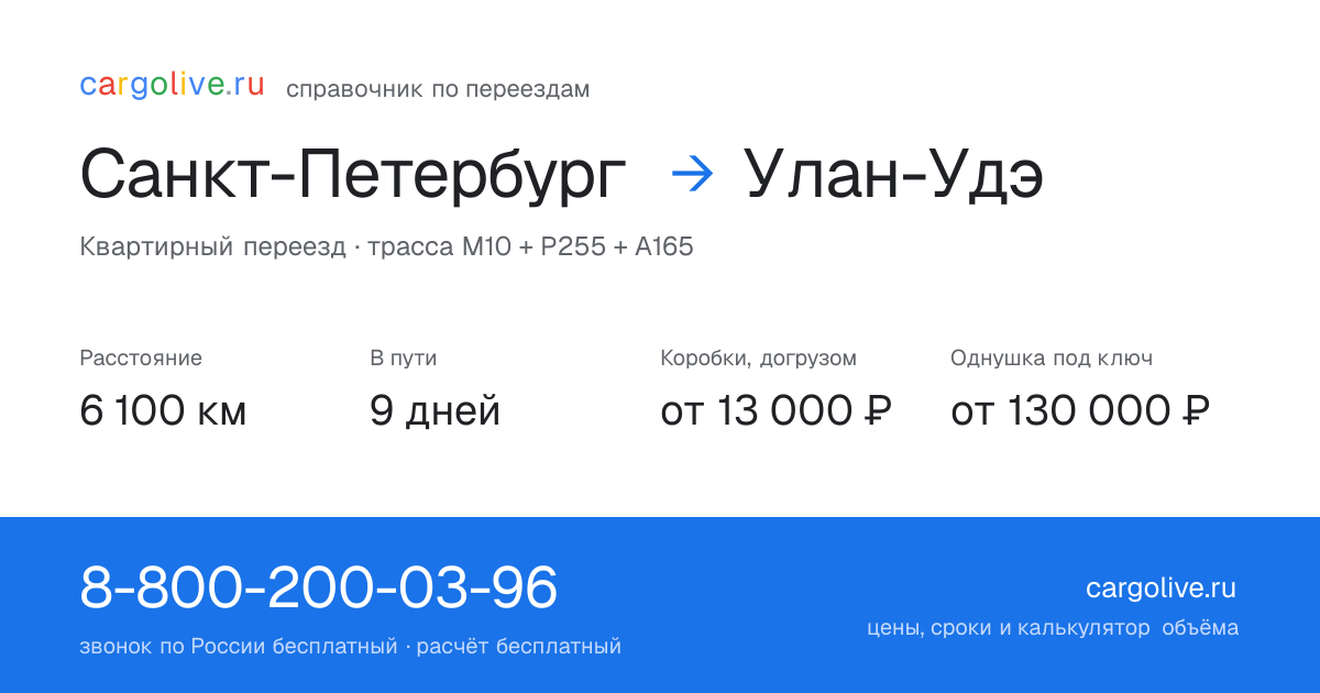 Переезд из Санкт-Петербурга в Улан-Удэ: 6 100 км, 9 дней в пути, от 13 000 ₽