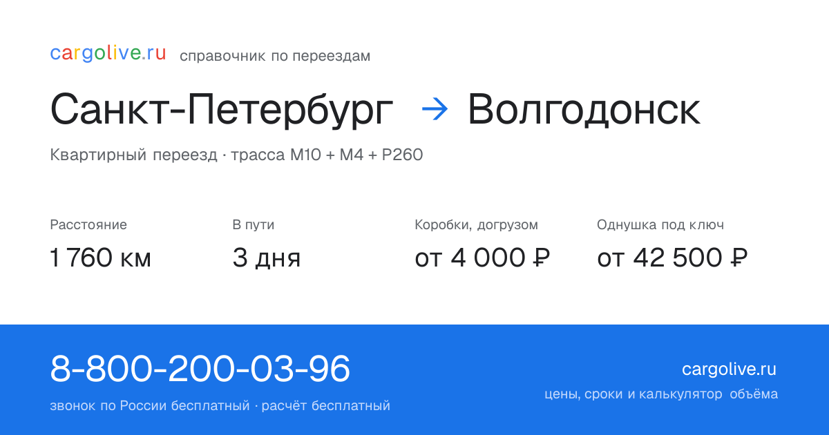 Переезд из Санкт-Петербурга в Волгодонск: 1 760 км, 3 дня в пути, от 4 000 ₽