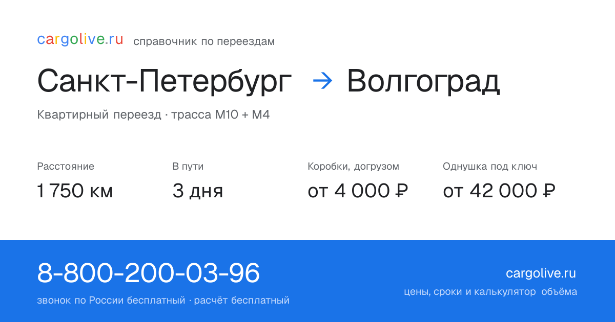 Переезд из Санкт-Петербурга в Волгоград: 1 750 км, 3 дня в пути, от 4 000 ₽