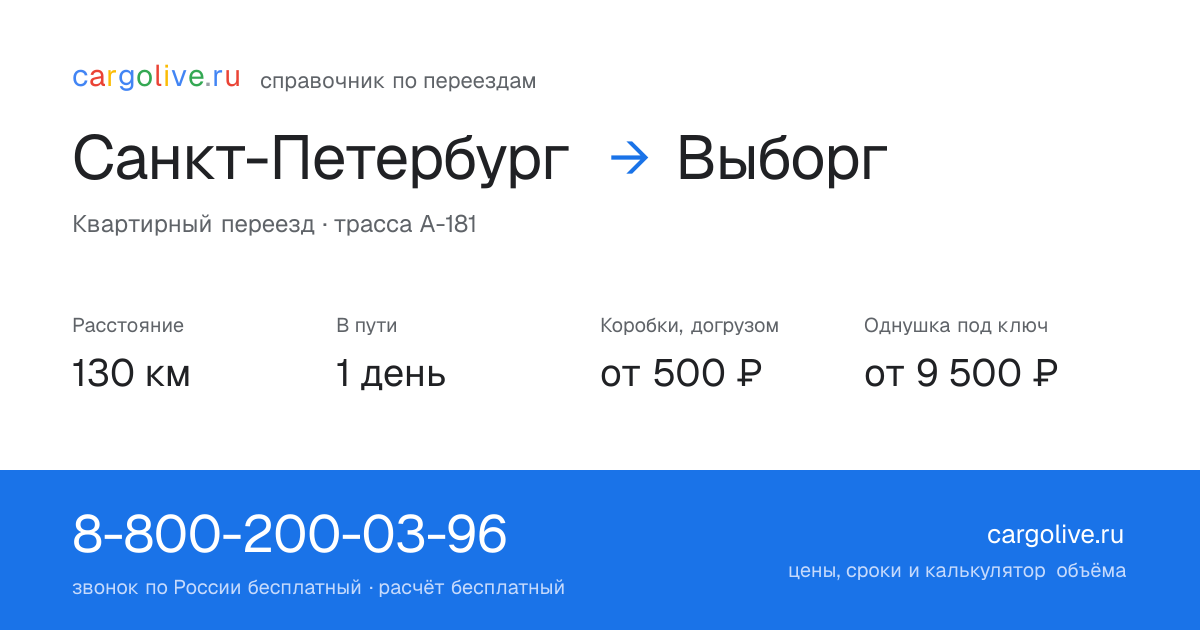 Переезд из Санкт-Петербурга в Выборг: 130 км, 1 день в пути, от 2 000 ₽