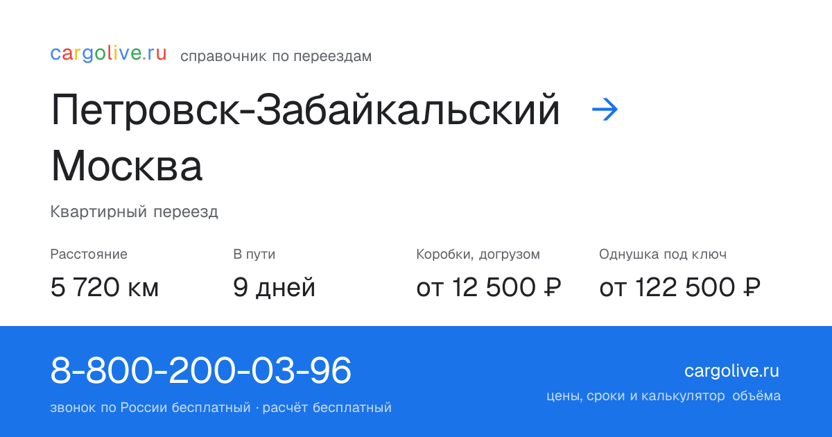 Переезд из Петровска-Забайкальского в Москву: 5 720 км, 9 дней в пути, от 12 500 ₽