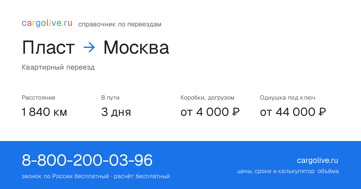 Переезд из Пласта в Москву: 1 840 км, 3 дня в пути, от 4 000 ₽