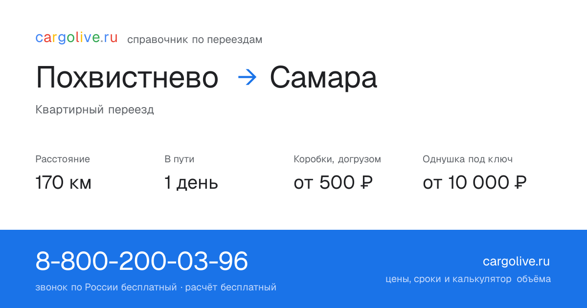 Переезд из Похвистнева в Самару: 170 км, 1 день в пути, от 2 000 ₽