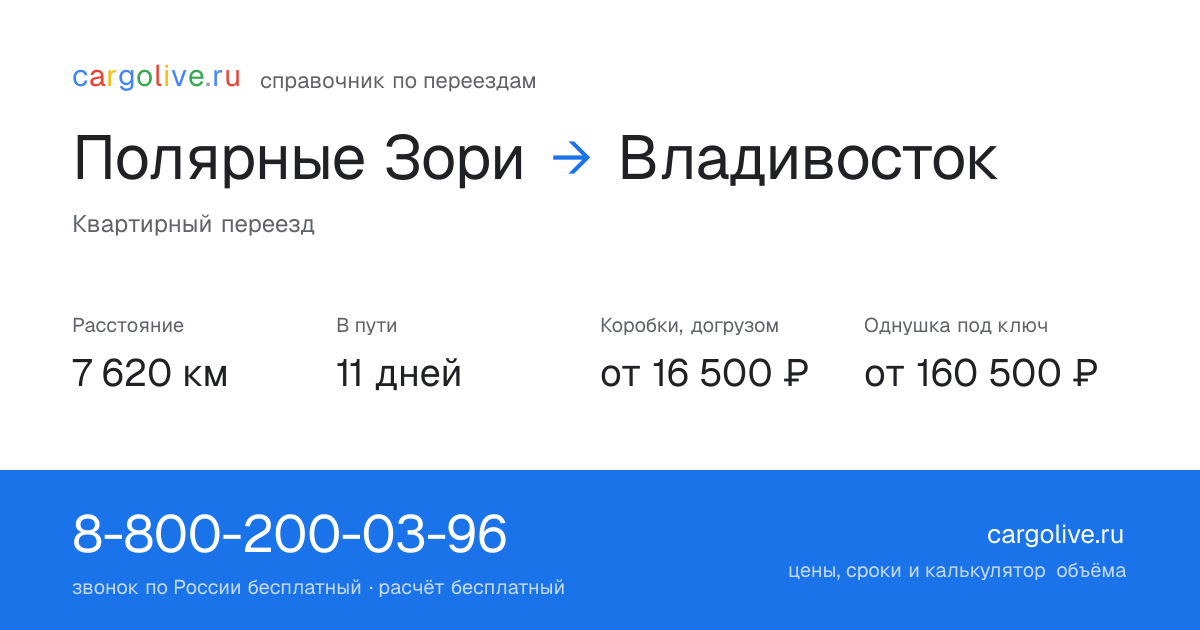 Переезд из Полярных Зорь во Владивосток: 7 620 км, 11 дней в пути, от 16 500 ₽