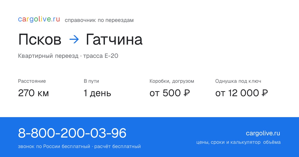 Переезд из Пскова в Гатчину: 270 км, 1 день в пути, от 2 000 ₽