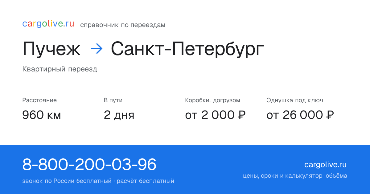 Переезд из Пучежа в Санкт-Петербург: 960 км, 2 дня в пути, от 2 000 ₽