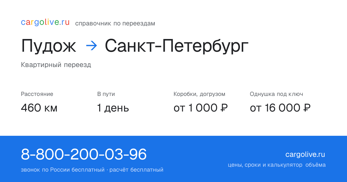 Переезд из Пудожа в Санкт-Петербург: 460 км, 1 день в пути, от 2 000 ₽