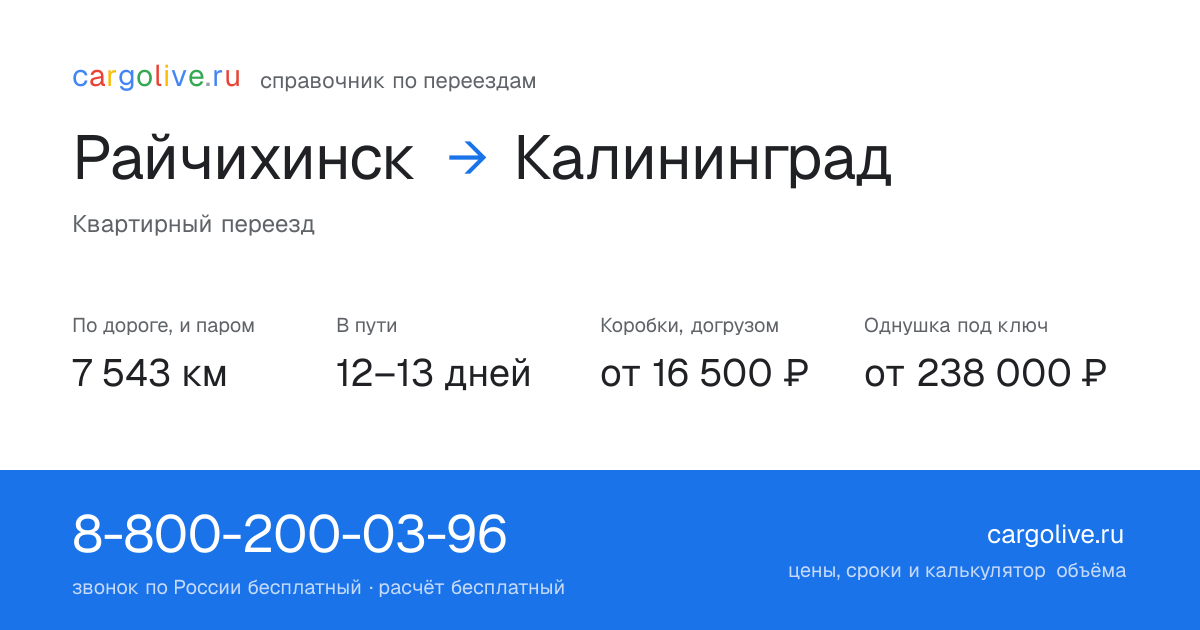 Переезд из Райчихинска в Калининград: 7 543 км по дороге и паром, 12–13 дней в пути, от 16 500 ₽