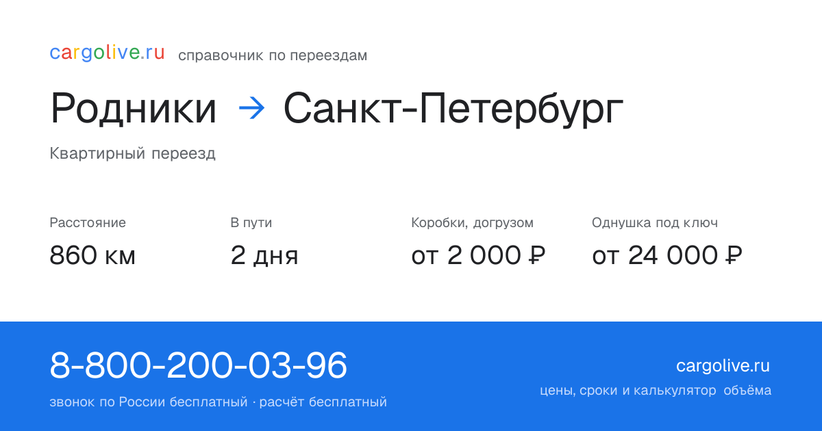 Переезд из Родников в Санкт-Петербург: 860 км, 2 дня в пути, от 2 000 ₽