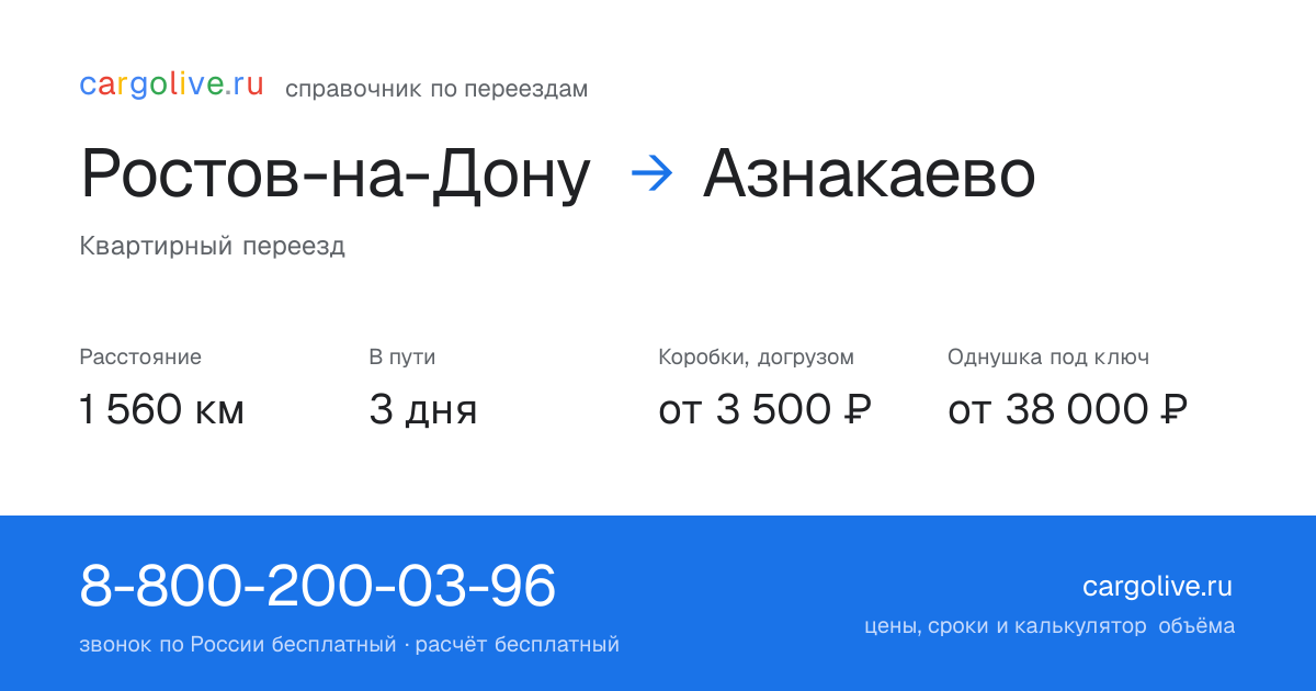 Переезд из Ростова-на-Дону в Азнакаево: 1 560 км, 3 дня в пути, от 3 500 ₽