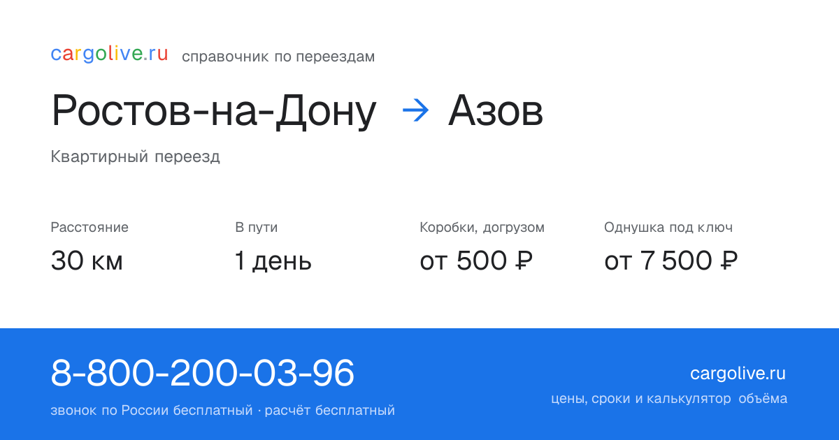 Переезд из Ростова-на-Дону в Азов: 30 км, 1 день в пути, от 2 000 ₽