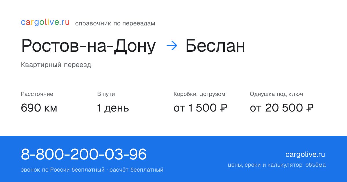 Переезд из Ростова-на-Дону в Беслан: 690 км, 1 день в пути, от 2 000 ₽