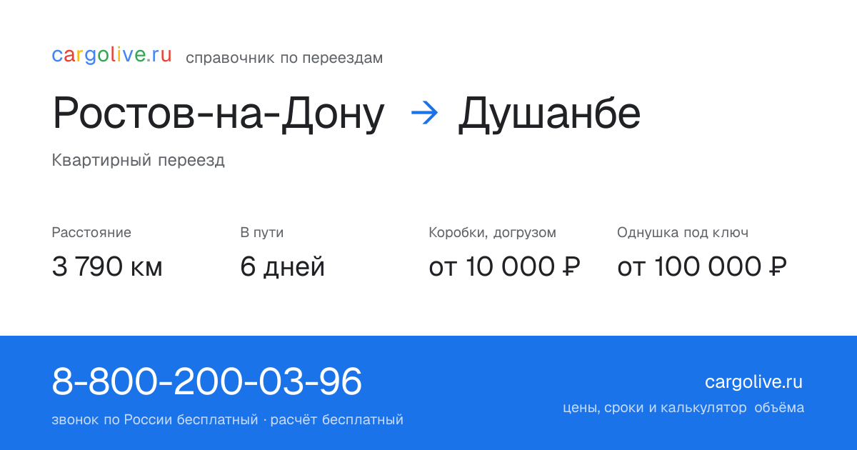 Переезд из Ростова-на-Дону в Душанбе: 3 790 км, 6 дней в пути, от 10 000 ₽