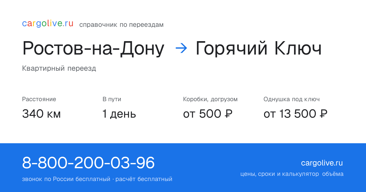Переезд из Ростова-на-Дону в Горячий Ключ: 340 км, 1 день в пути, от 2 000 ₽