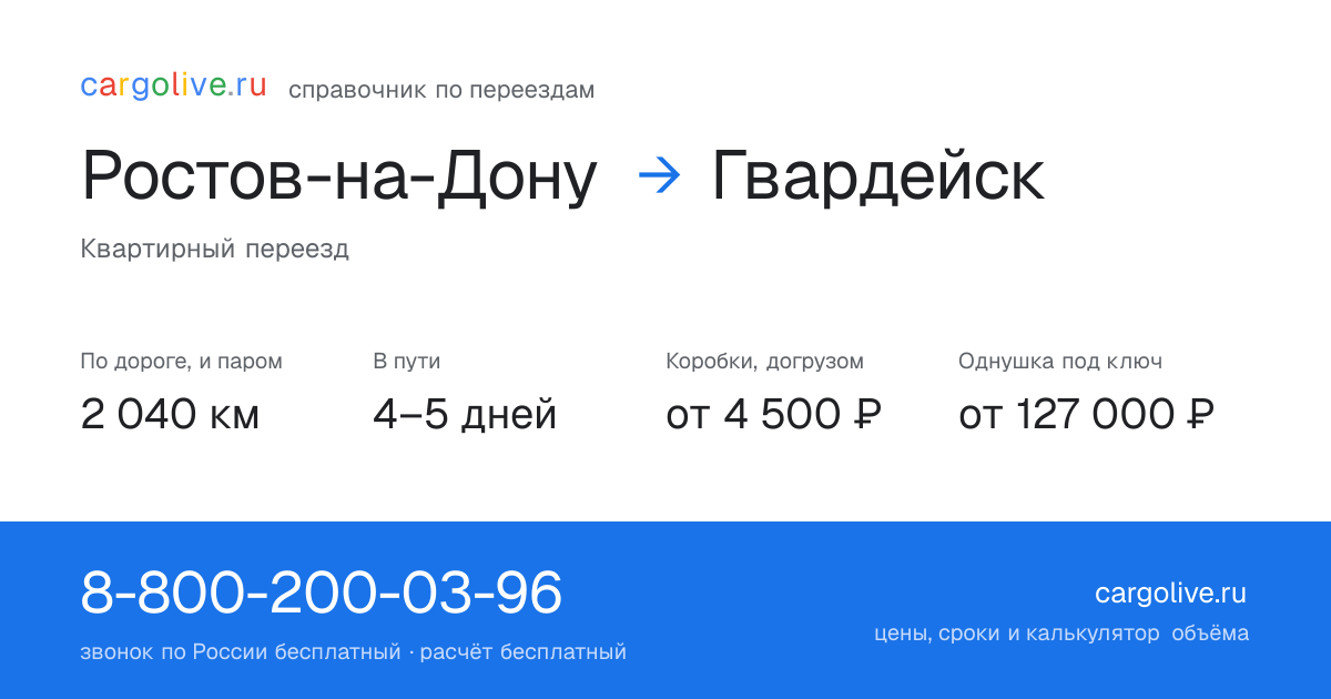 Переезд из Ростова-на-Дону в Гвардейск: 2 040 км по дороге и паром, 4–5 дней в пути, от 4 500 ₽