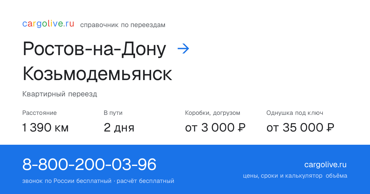 Переезд из Ростова-на-Дону в Козьмодемьянск: 1 390 км, 2 дня в пути, от 3 000 ₽