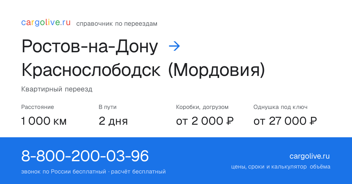 Переезд из Ростова-на-Дону в Краснослободск (Мордовия): 1 000 км, 2 дня в пути, от 2 000 ₽