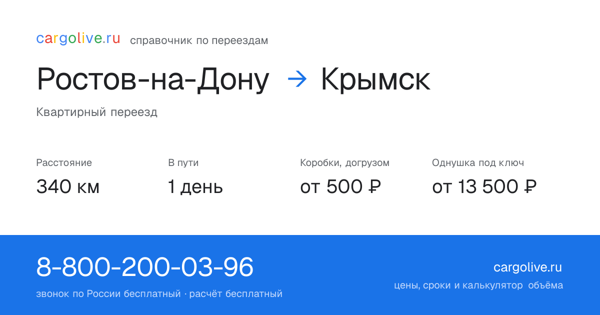 Переезд из Ростова-на-Дону в Крымск: 340 км, 1 день в пути, от 2 000 ₽