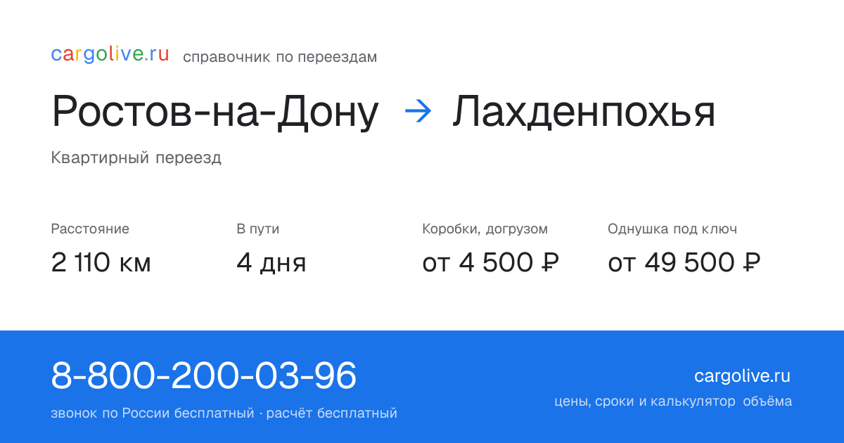 Переезд из Ростова-на-Дону в Лахденпохью: 2 110 км, 4 дня в пути, от 4 500 ₽
