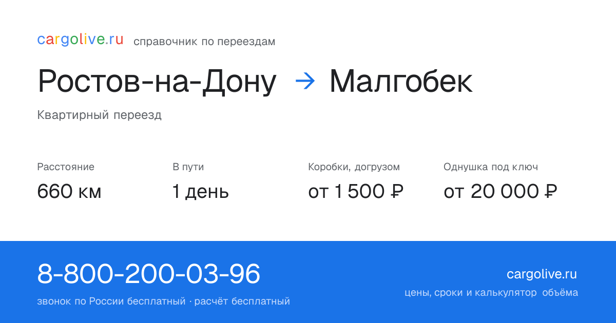 Переезд из Ростова-на-Дону в Малгобек: 660 км, 1 день в пути, от 2 000 ₽