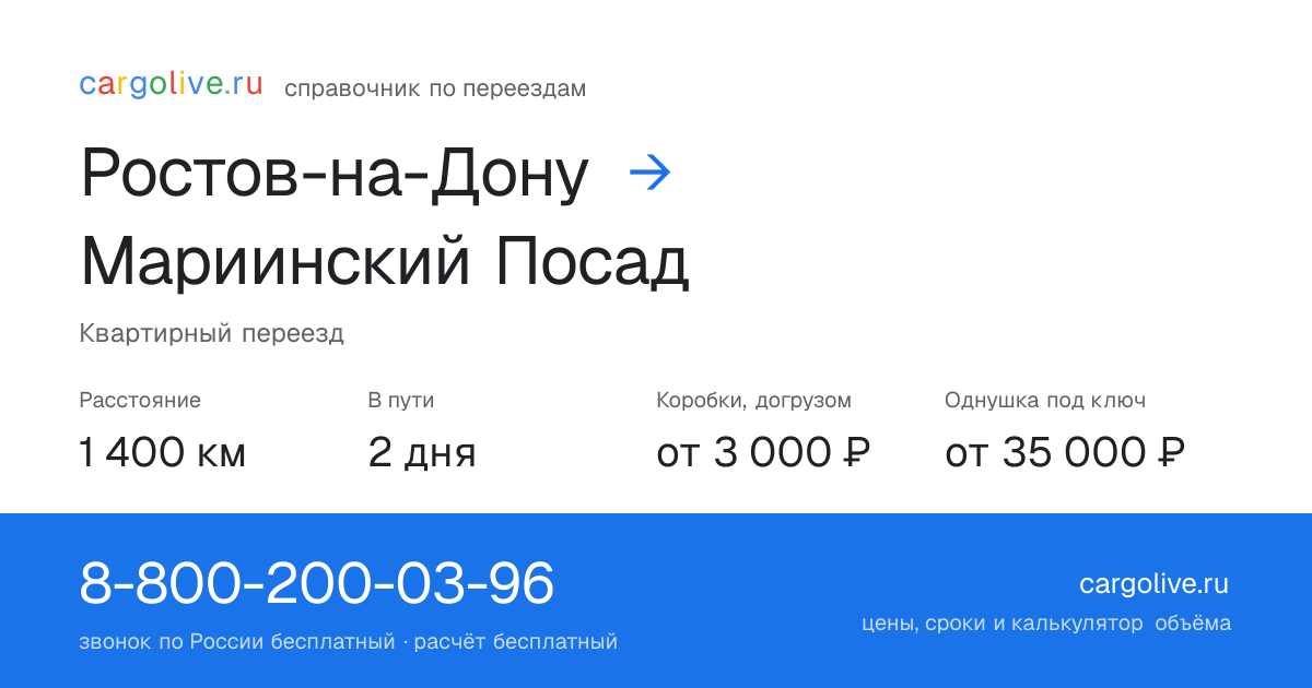 Переезд из Ростова-на-Дону в Мариинский Посад: 1 400 км, 2 дня в пути, от 3 000 ₽