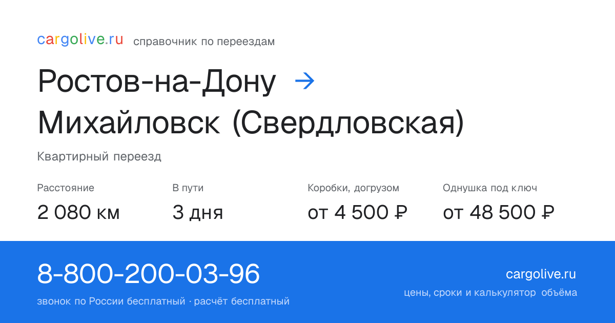 Переезд из Ростова-на-Дону в Михайловск (Свердловская): 2 080 км, 3 дня в пути, от 4 500 ₽