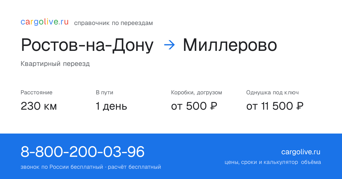 Переезд из Ростова-на-Дону в Миллерово: 230 км, 1 день в пути, от 2 000 ₽