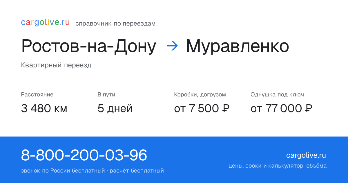 Переезд из Ростова-на-Дону в Муравленко: 3 480 км, 5 дней в пути, от 7 500 ₽