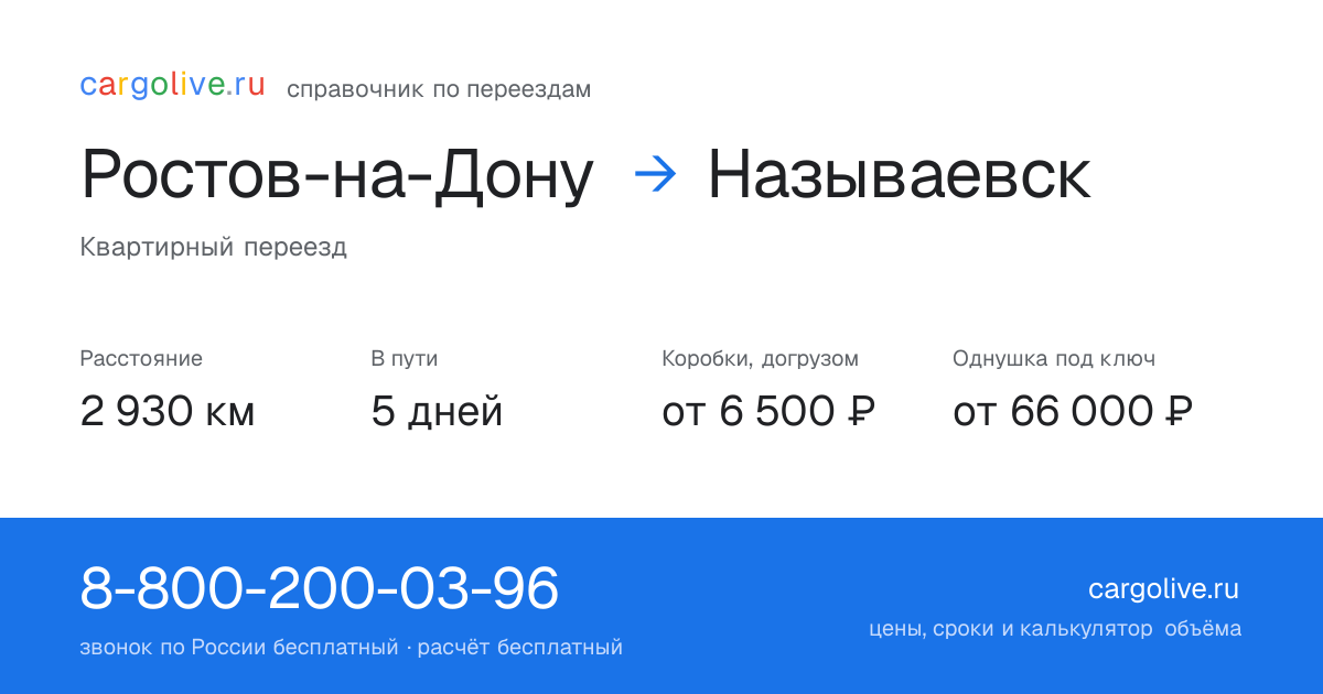 Переезд из Ростова-на-Дону в Называевск: 2 930 км, 5 дней в пути, от 6 500 ₽