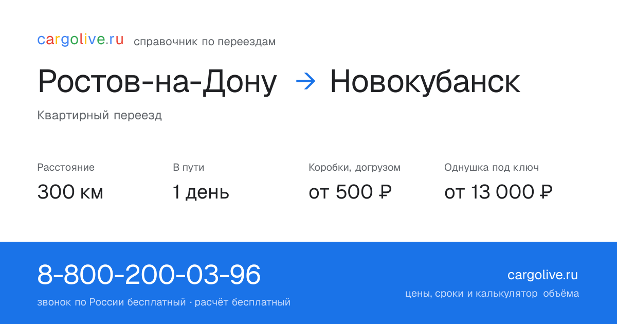 Переезд из Ростова-на-Дону в Новокубанск: 300 км, 1 день в пути, от 2 000 ₽