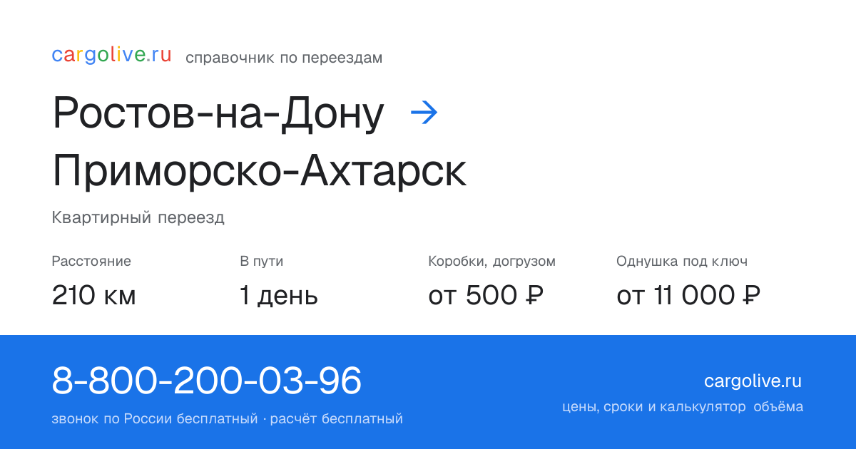 Переезд из Ростова-на-Дону в Приморско-Ахтарск: 210 км, 1 день в пути, от 2 000 ₽