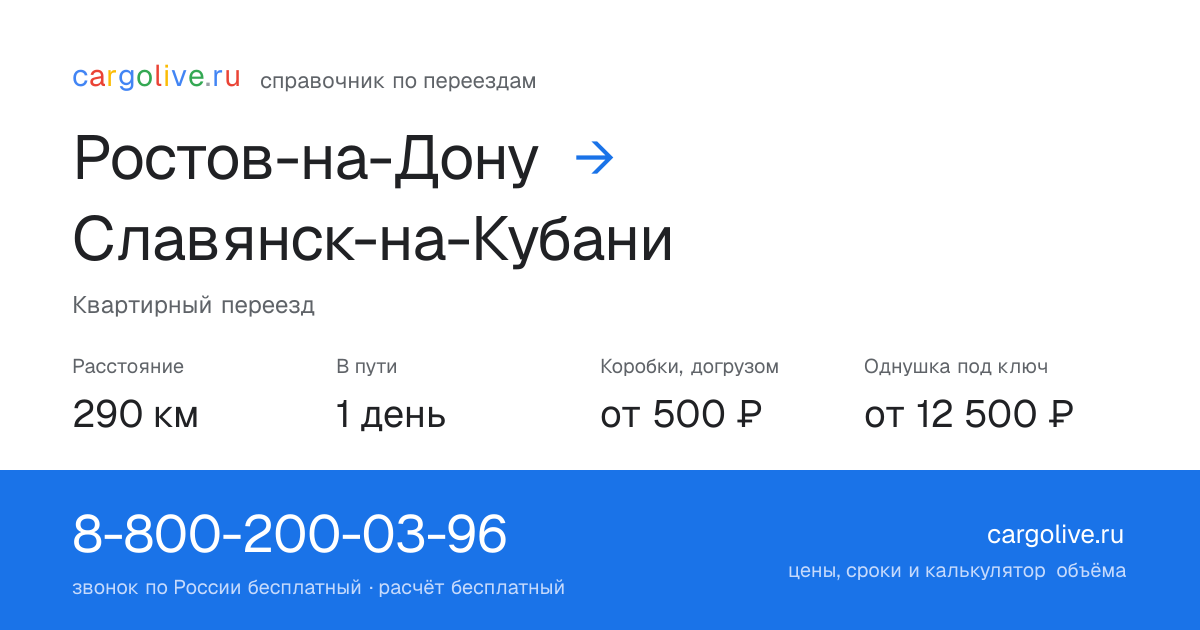 Переезд из Ростова-на-Дону в Славянск-на-Кубани: 290 км, 1 день в пути, от 2 000 ₽