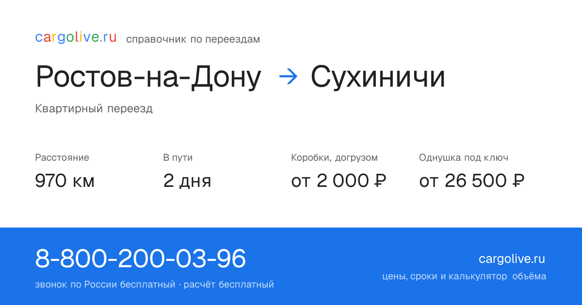 Переезд из Ростова-на-Дону в Сухиничи: 970 км, 2 дня в пути, от 2 000 ₽