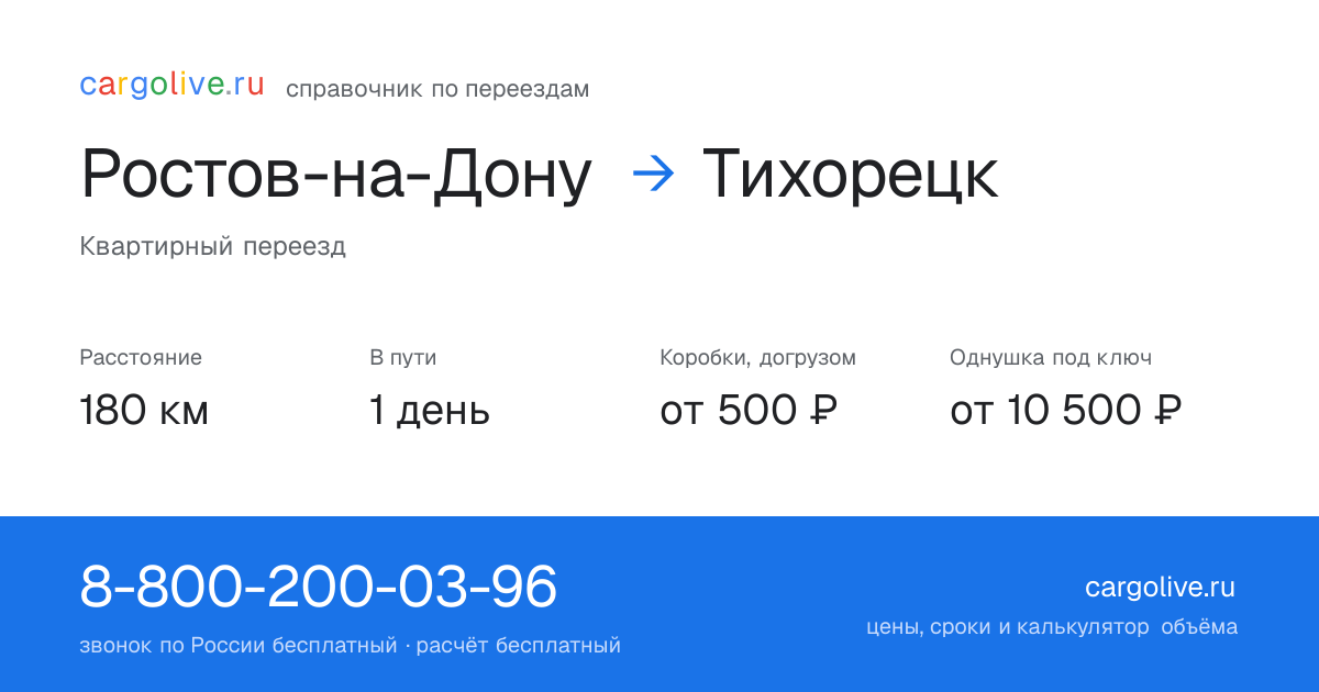 Переезд из Ростова-на-Дону в Тихорецк: 180 км, 1 день в пути, от 2 000 ₽
