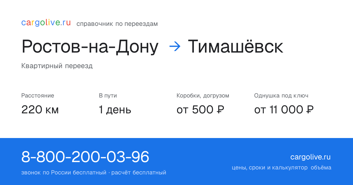 Переезд из Ростова-на-Дону в Тимашёвск: 220 км, 1 день в пути, от 2 000 ₽