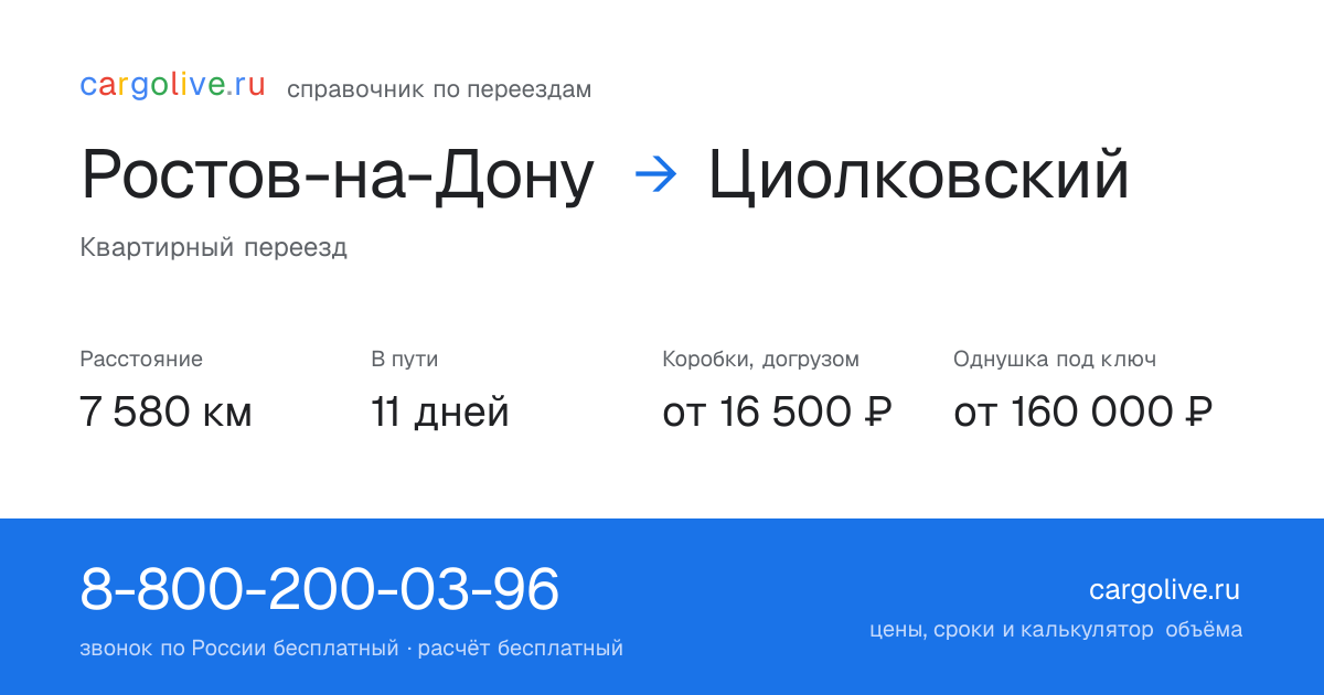 Переезд из Ростова-на-Дону в Циолковский: 7 580 км, 11 дней в пути, от 16 500 ₽