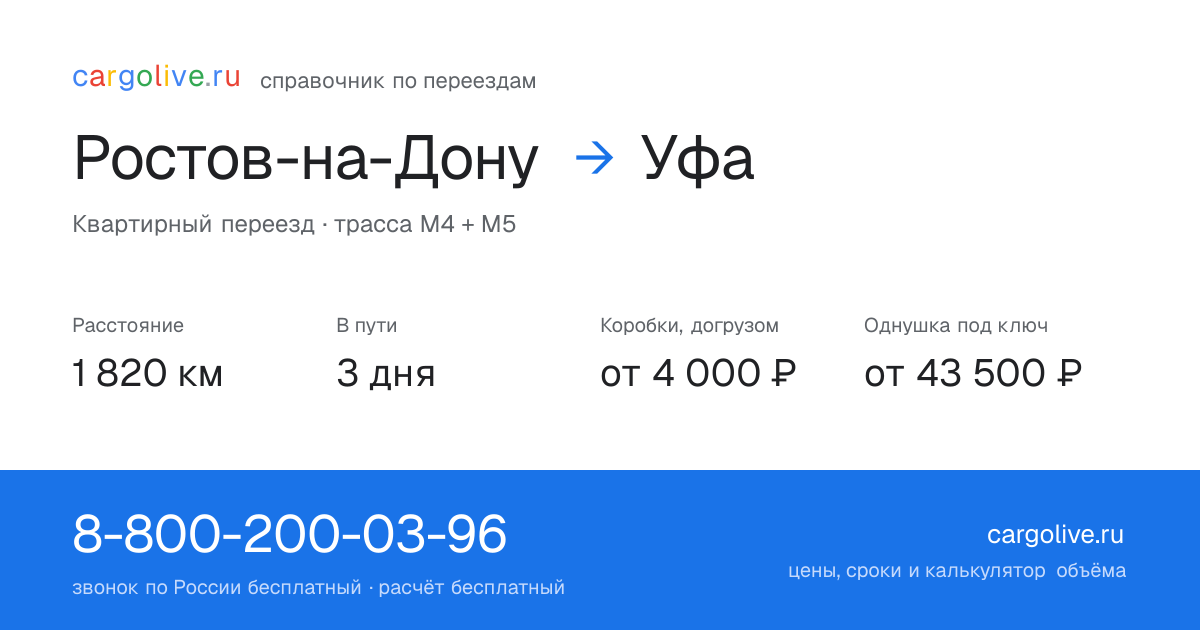 Переезд из Ростова-на-Дону в Уфу: 1 820 км, 3 дня в пути, от 4 000 ₽