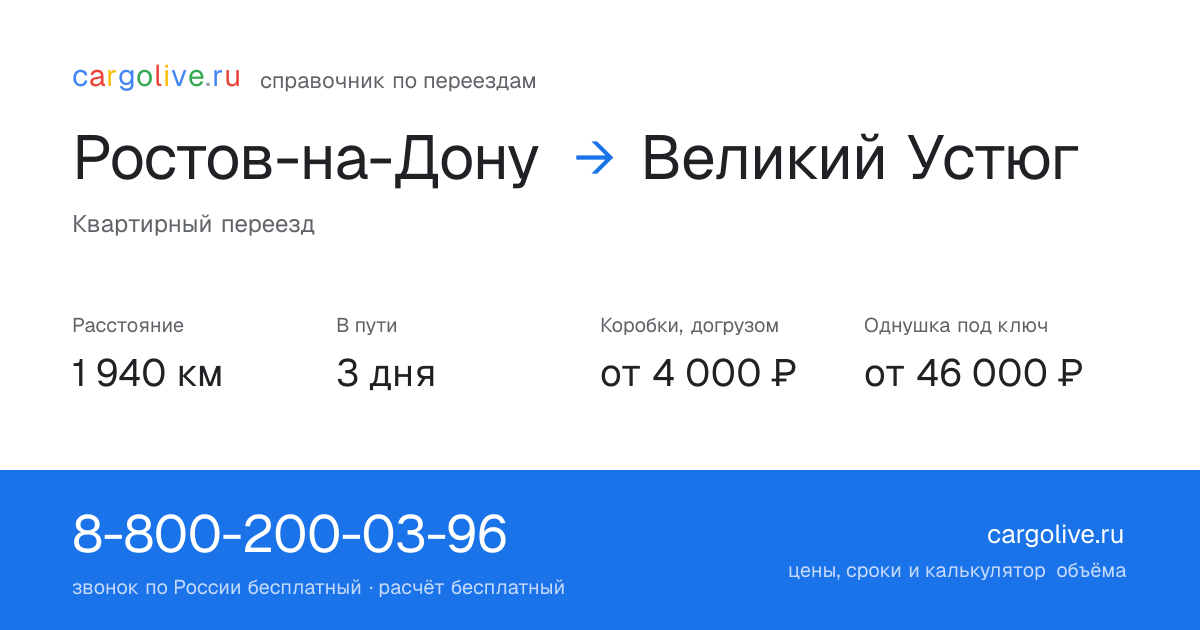 Переезд из Ростова-на-Дону в Великий Устюг: 1 940 км, 3 дня в пути, от 4 000 ₽