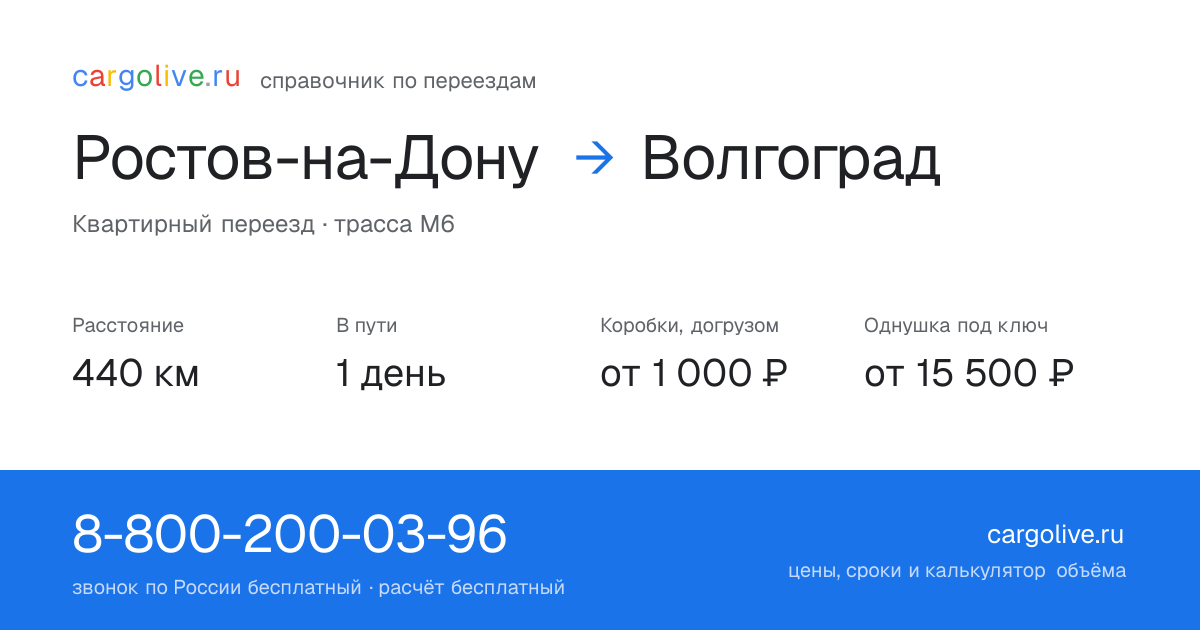 Переезд из Ростова-на-Дону в Волгоград: 440 км, 1 день в пути, от 2 000 ₽