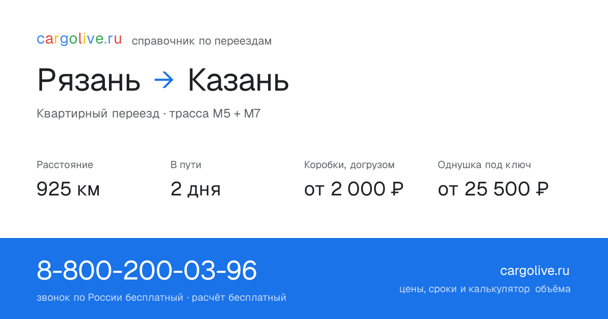 Переезд из Рязани в Казань: 925 км, 2 дня в пути, от 2 000 ₽