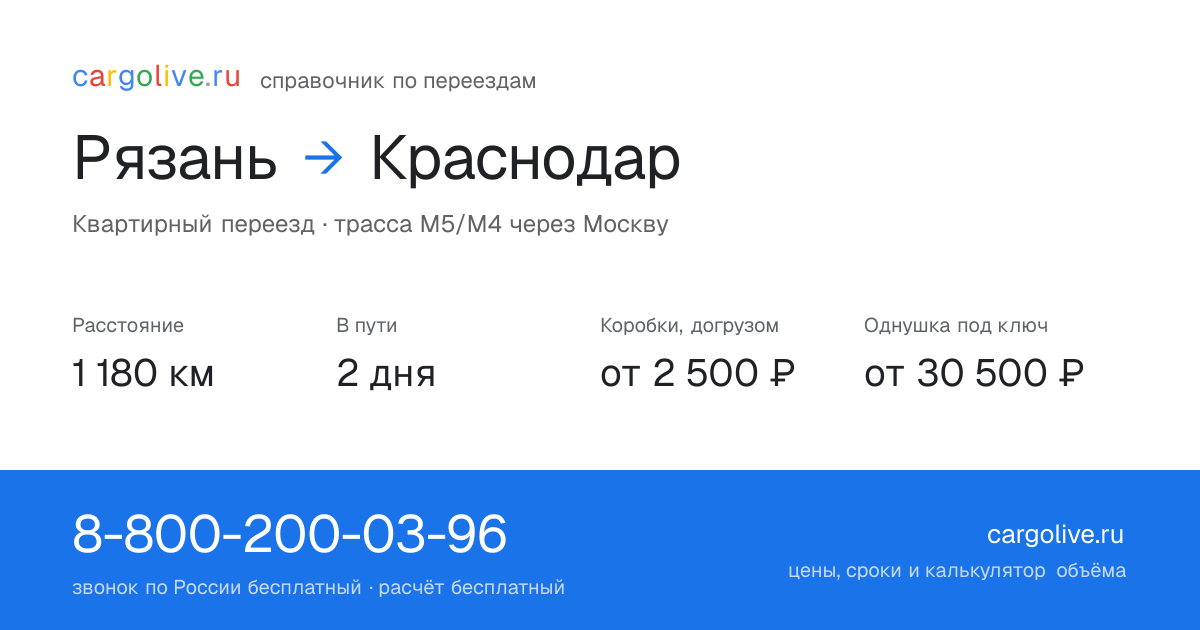 Переезд из Рязани в Краснодар: 1 180 км, 2 дня в пути, от 2 500 ₽